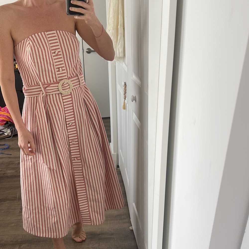 Moon River Anthropologie Strapless Dress, Red & cream Stripe